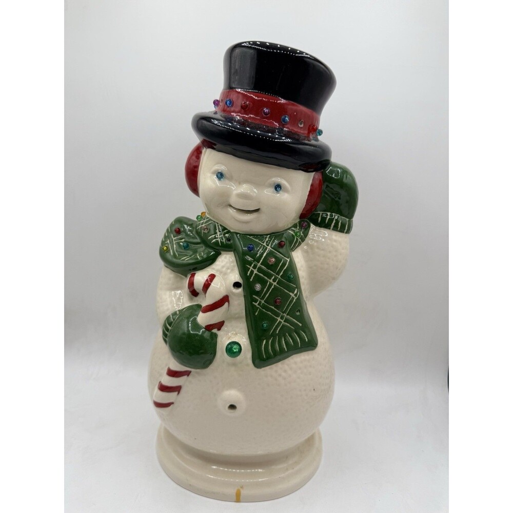 VTG Hand Painted Ceramic Christmas Snowman w/ Candy Cane Scarf & Pegs Light Lamp